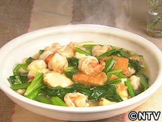 小松菜、厚揚げ、えびの中華うま煮
