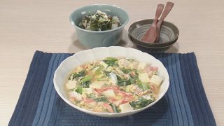 小松菜、かにかま、豆腐の卵とじ