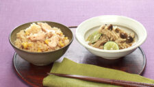 鮭みそバターごはん/きのこのレンチンおひたし