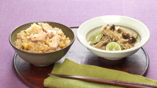 鮭みそバターごはん/きのこのレンチンおひたし